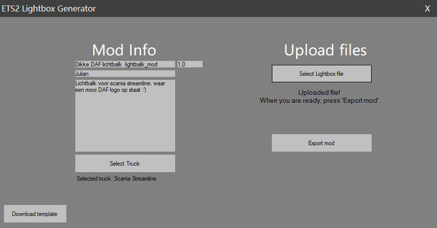 Preview van ETS2 Lightbox Maker App
